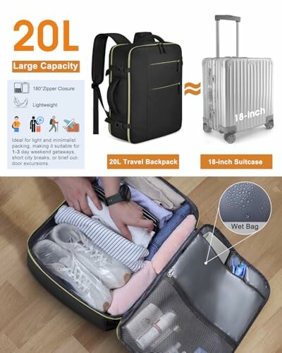Comparison of 20L travel backpack and 18-inch suitcase with packing demonstration and wet bag feature