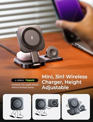 Mini 3-in-1 wireless charger for Apple devices on a desk