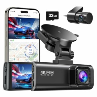 4K dashcam with GPS and WiFi, showing smartphone connectivity and 32GB storage.