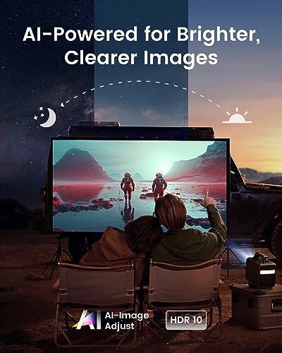 Two people watching a screen outdoors with AI-enhanced brightness and clarity, featuring HDR10.