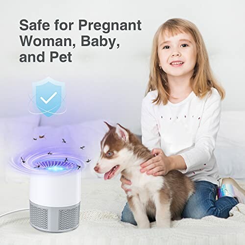 Child with a puppy next to an air purifier, labeled safe for pregnant women, babies, and pets.