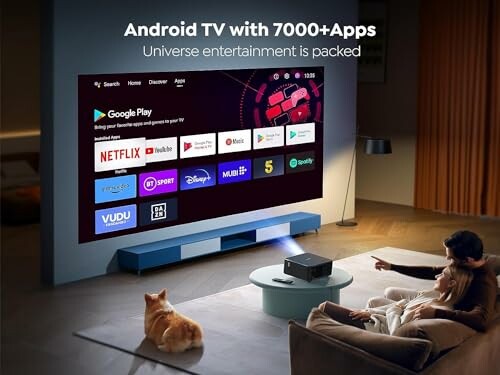 Family watching Android TV with 7000+ apps on projector.