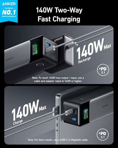Anker 140W two-way fast charging demonstration with USB-C and MagSafe cable.