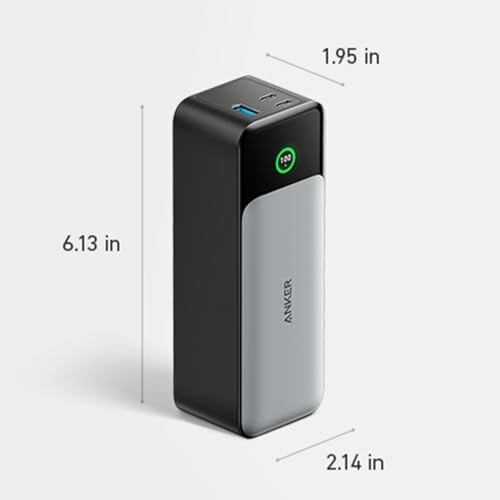 Anker power bank with dimensions 6.13 inches height, 1.95 inches width, and 2.14 inches depth.