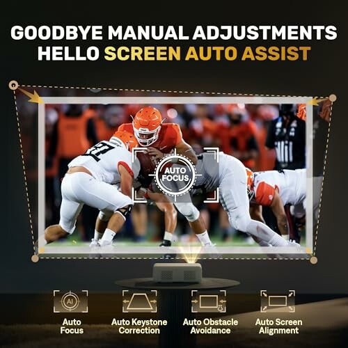 Projector displaying a football game with screen auto assist features.