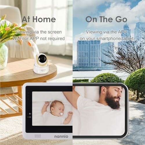 Baby monitor with split screen showing at home and on the go usage. 