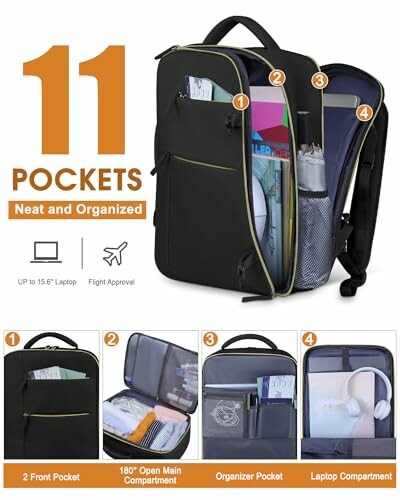 Black backpack with 11 pockets for organization, suitable for 15.6-inch laptop