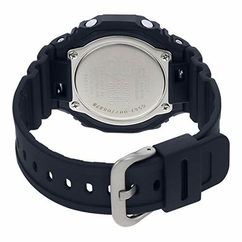 Back view of a black digital watch with a metal case and rubber strap.