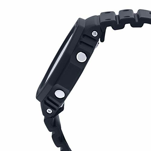 Side view of a black digital watch with buttons and strap.