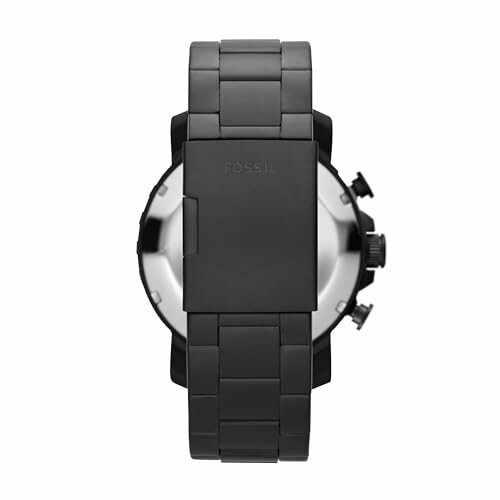 Back view of a black metal watch with a link bracelet.
