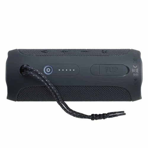 Black portable Bluetooth speaker with control buttons.