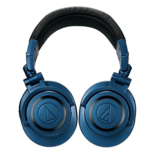 Blue over-ear headphones with a padded headband.