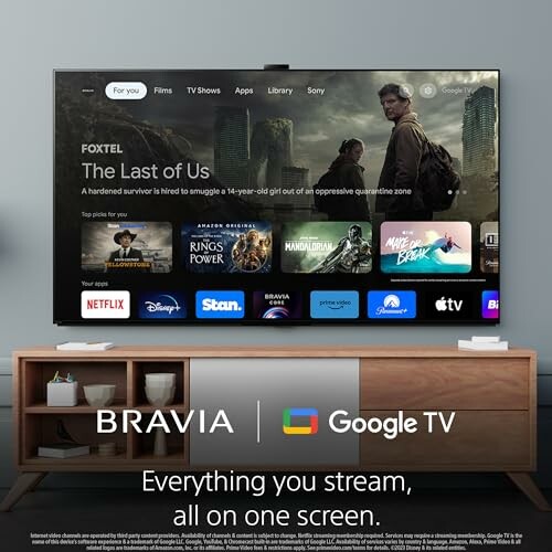 BRAVIA Google TV interface displaying streaming apps and The Last of Us.