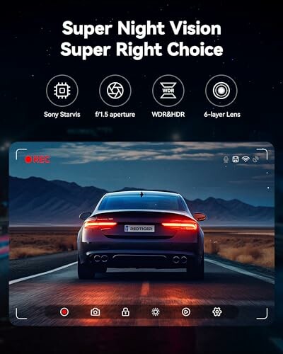 Car with night vision camera features displayed.
