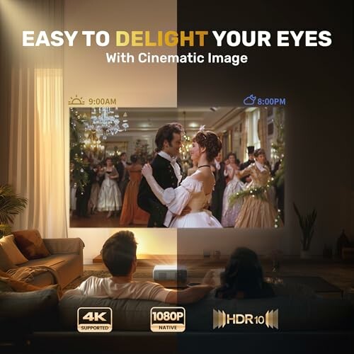 Couple watching a vivid movie scene comparing image quality.