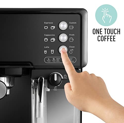 Hand pressing clean button on coffee machine with one-touch options.