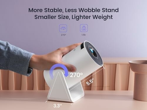 Compact projector on a stable stand with size and weight details.