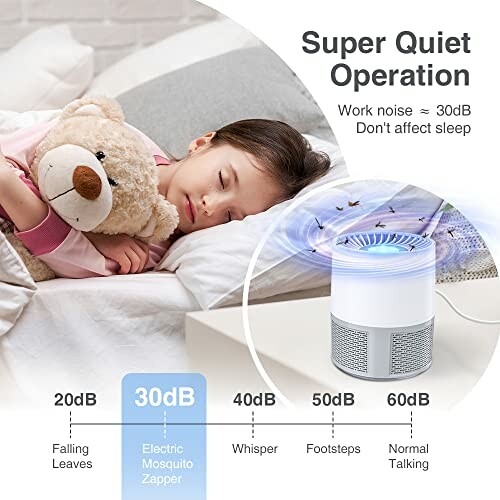 Child sleeping with a teddy bear next to an electric mosquito zapper, highlighting its super quiet operation.