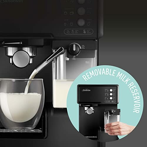 Espresso machine with removable milk reservoir and milk pouring into a glass.