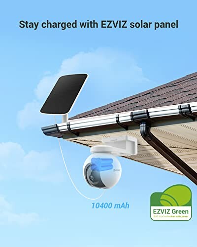 EZVIZ solar panel powering outdoor security camera on roof.