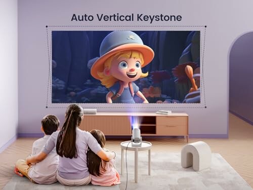Family watching animated cartoon on projected screen with auto vertical keystone feature.