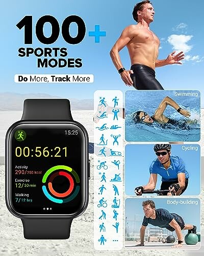Fitness smartwatch with 100 sports modes, including swimming, cycling, and bodybuilding.