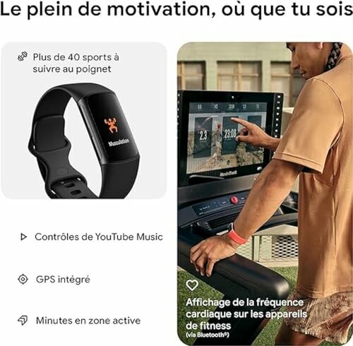 Fitness tracker features and man using treadmill display.