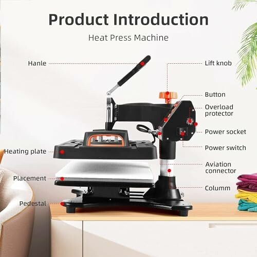 Heat press machine with labeled parts including handle, lift knob, button, overload protector, power socket, power switch, aviation connector, column, pedestal, placement, and heating plate.
