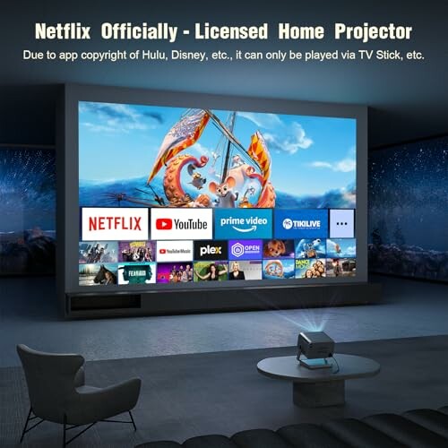 Home projector displaying streaming services interface.