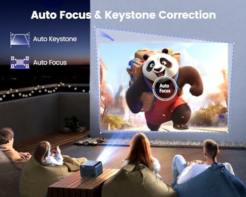 People watching a movie with a projector featuring auto focus and keystone correction.