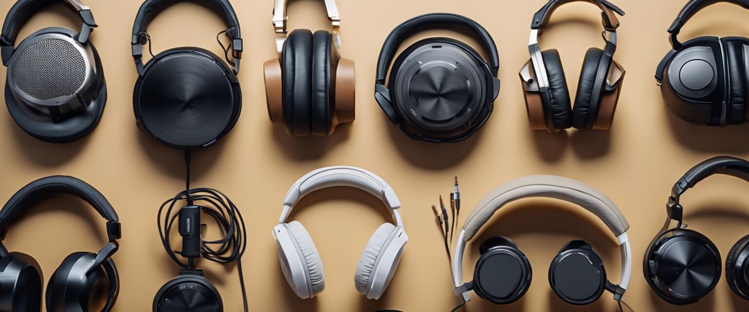 Various types of headphones in different styles and colors