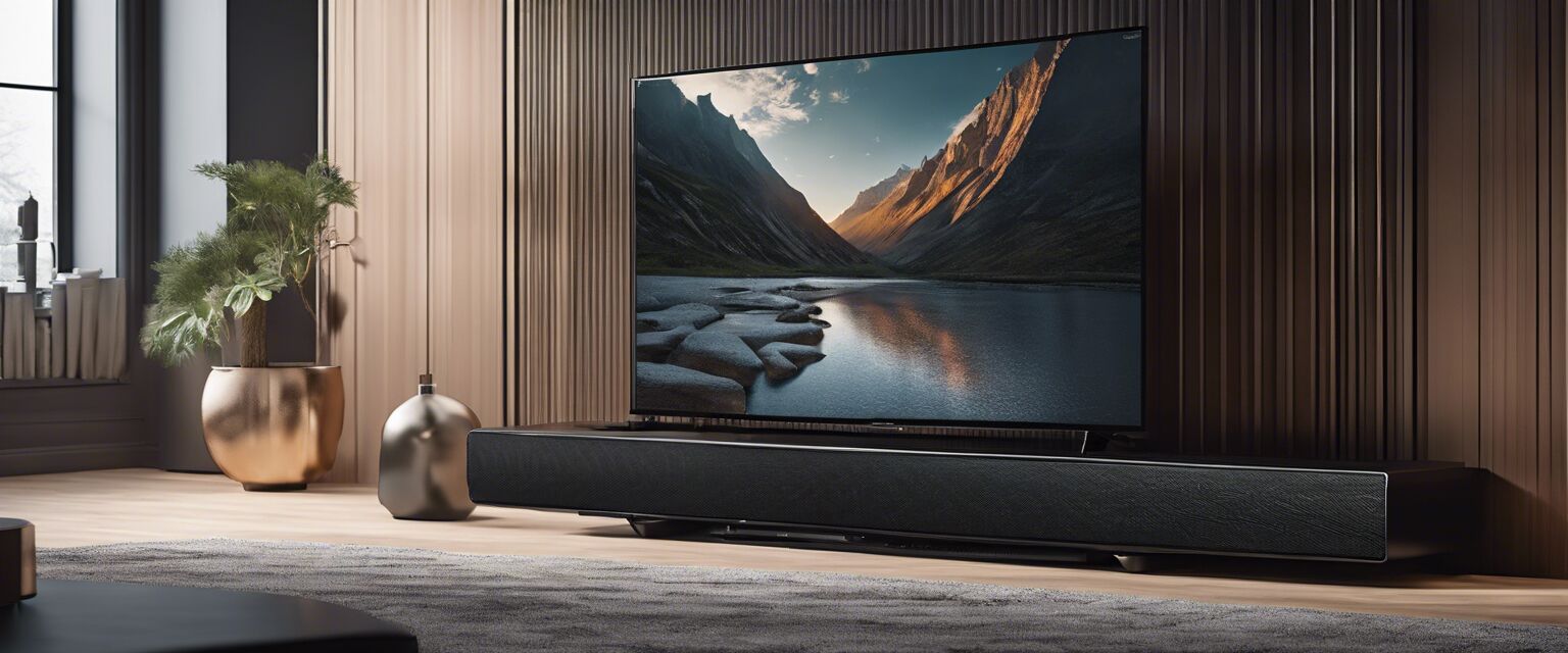 An attractive soundbar placed on an entertainment unit, showcasing its modern aesthetics.