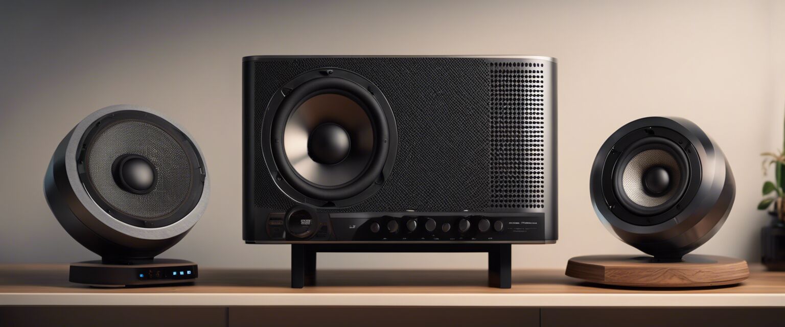 Different types of speakers on a shelf with a sleek design