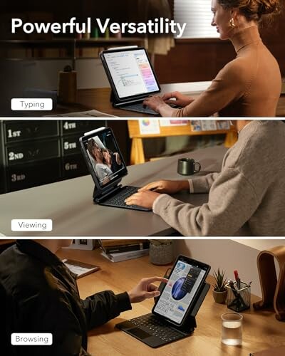 Three images showing different uses of an iPad: typing, viewing, and browsing.