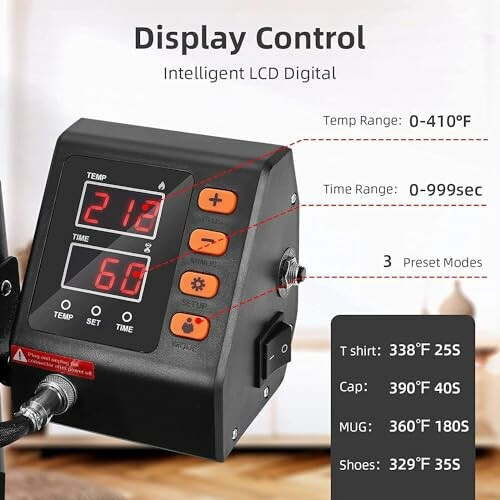 LCD digital display control with temperature and time settings.