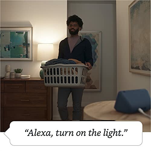 Man holding laundry basket in dim room with smart speaker command.
