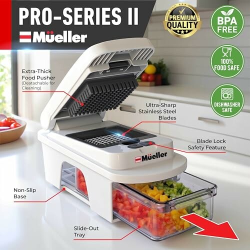 Mueller Pro-Series II vegetable chopper with labeled features.