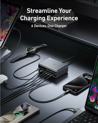Multi-device charging station with six connected devices.