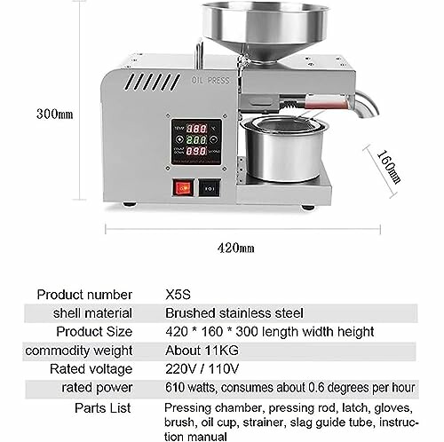 Specifications of an oil press machine including size, weight, voltage, and parts list.