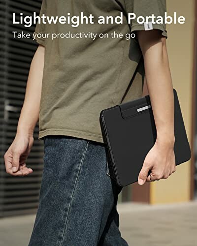 Person holding a tablet, promoting lightweight and portable productivity.