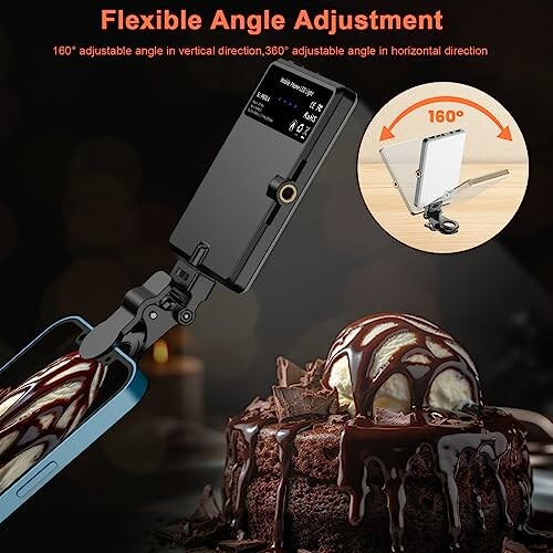 Flexible phone holder with adjustable angles, shown near a chocolate dessert.