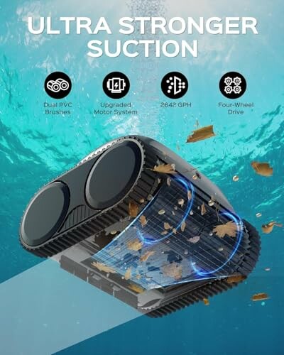 Underwater pool cleaning robot with strong suction and features listed.