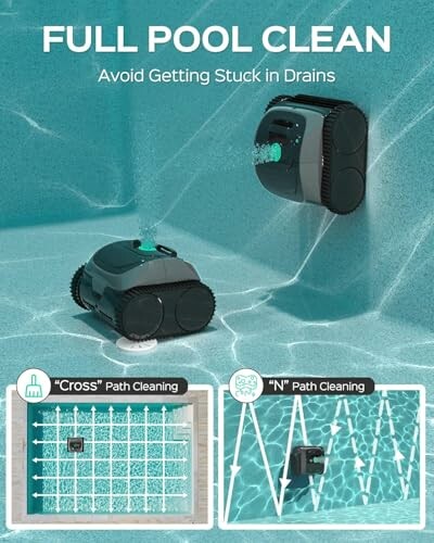 Pool cleaning robot with cross and N path cleaning modes.