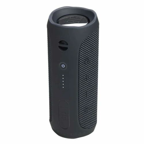 Black portable Bluetooth speaker with mesh design and control buttons.