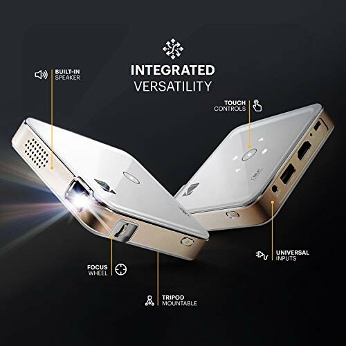 Portable mini projector with built-in speaker, touch controls, and universal inputs.