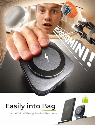 Man placing a compact wireless charger into a bag, emphasizing portability.