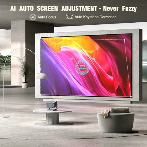 Projector displaying vibrant image with AI auto screen adjustment features.