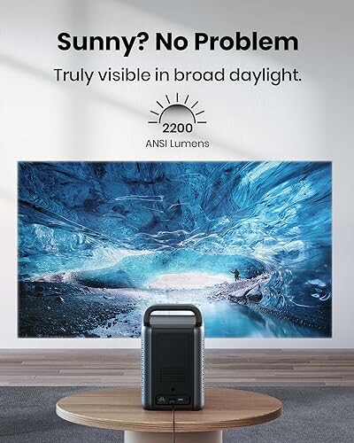 Projector displaying bright image in daylight with 2200 ANSI lumens.