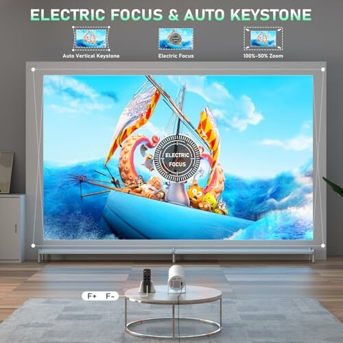 Projector screen displaying animated ocean scene with electric focus and auto keystone features highlighted.