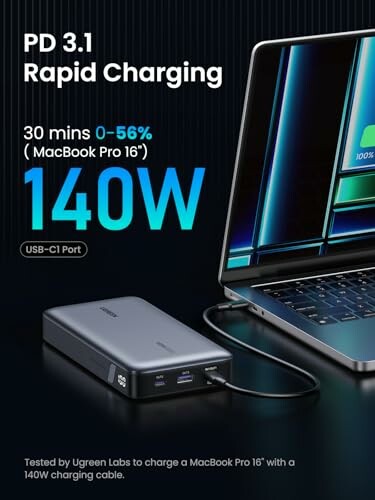 Power bank charging a MacBook Pro with 140W USB-C port